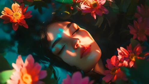 Woman with closed eyes surrounded by vivid pink flowers.
