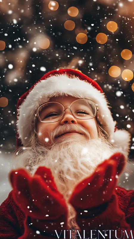 Child in Santa costume under shallow depth-of-field snowfall bokeh