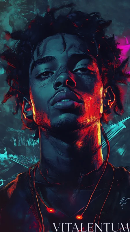 Neon lit portrait of a calm listener in glowing night colors.