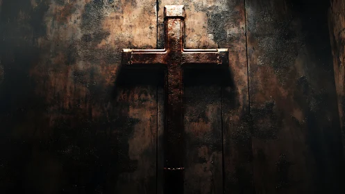 Rusted metal cross casts deep shadow on distressed wall