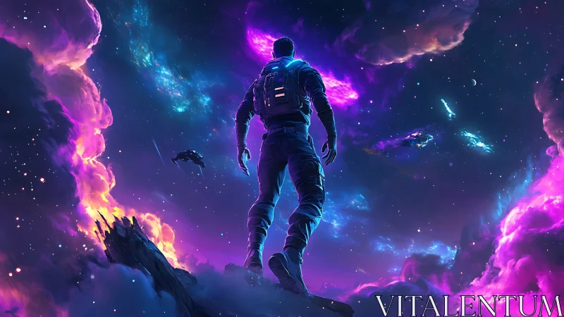 Lone space explorer gazes into neon cosmic storm horizon.