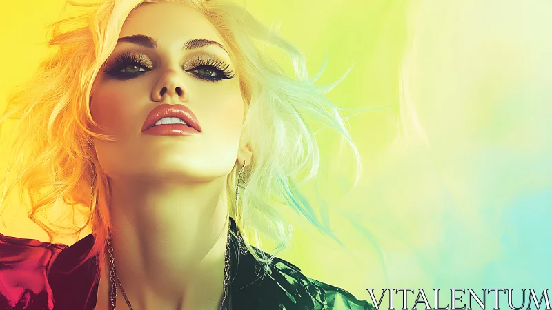 Neon siren gazes skyward in a soft electric rainbow haze.