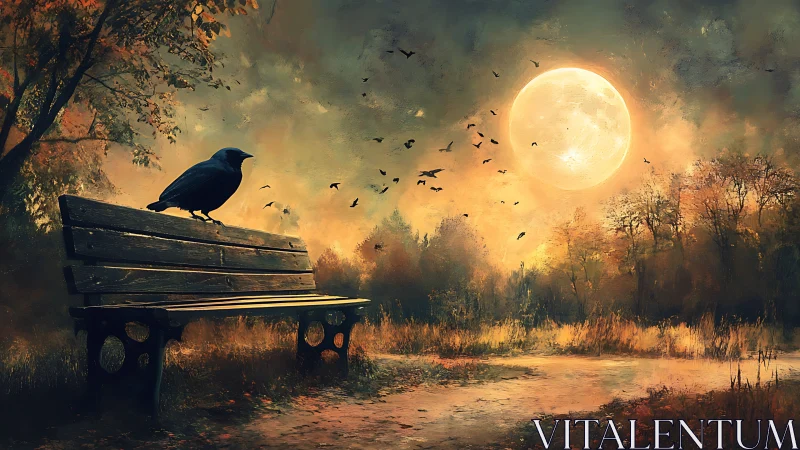 Digital painting of crow-lit bench under harvest moon glow.