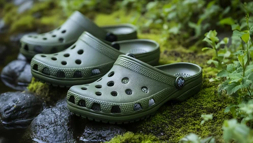Olive green rubber clogs rest on wet river stones in moss