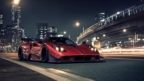 Midnight red supercar poised under luminous city overpass.