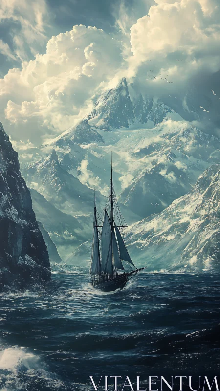 Storm-tossed sailing ship braves icy mountains and sky