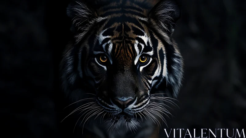 Tiger portrait in dark background with intense golden eyes.