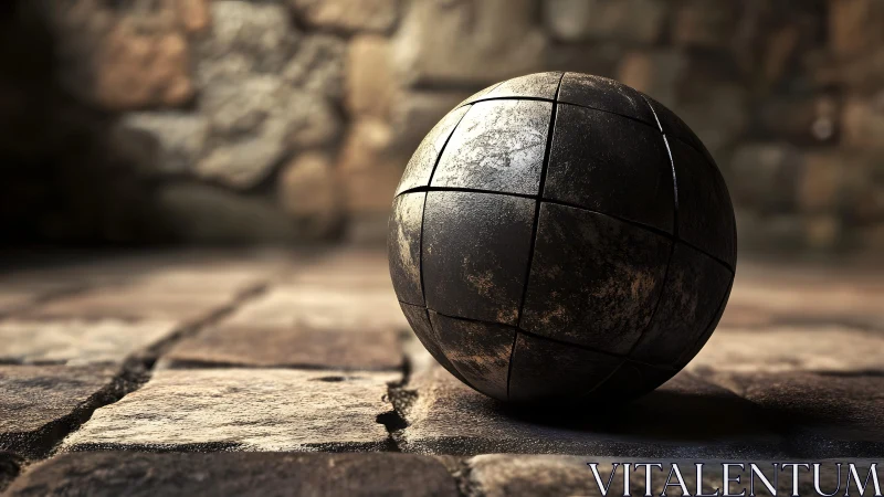 Weathered metallic sphere on stone floor in soft light.