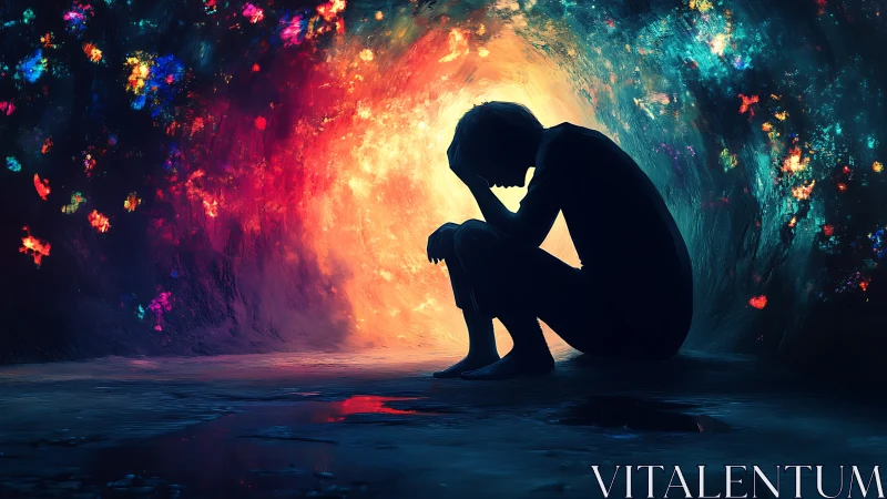 Silhouetted figure in swirling tunnel of emotional color.
