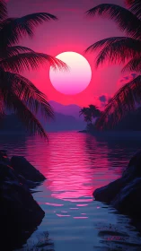 Neon sun melts into a cyber-tropic lagoon of electric calm