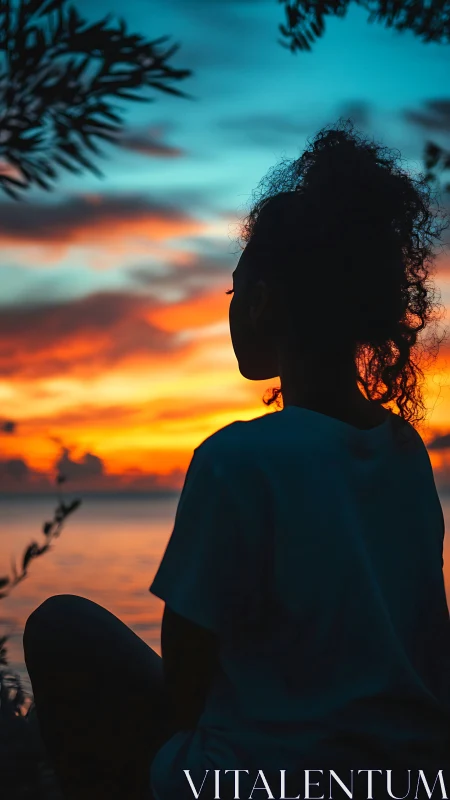 Silhouette in quiet contemplation beneath blazing sunset sky.