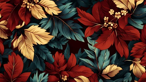 Bold botanical leaves in rich red, teal, and gold pattern.