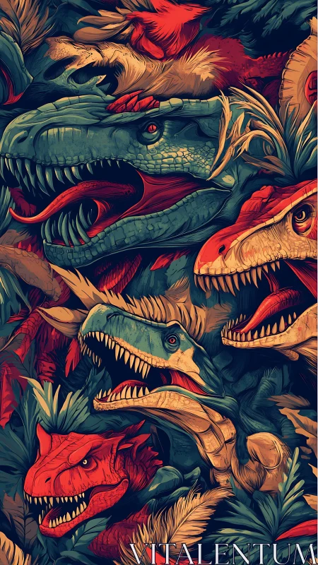 Predatory dinosaur heads intertwine through dense jungle foliage