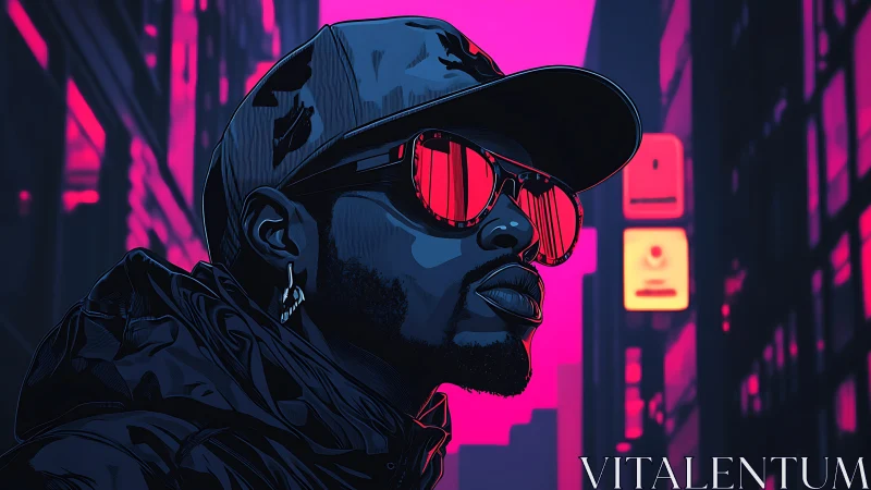 Neon-soaked city mirrors itself in the stranger’s red shades