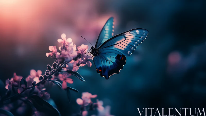 Macro capture of blue butterfly on pink blossoms at dusk