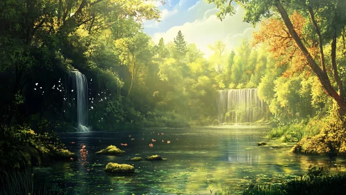 Sunlit forest lagoon with twin waterfalls and misted glow.