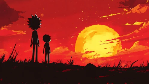 Sunset companions standing quietly in a glowing red sky.