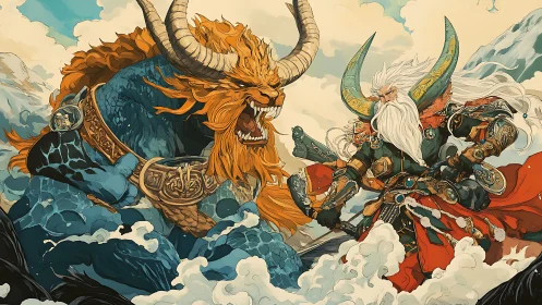 Armored warrior confronts horned beast amid turbulent waves