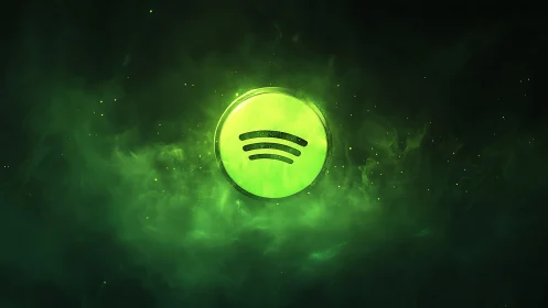 Glowing green music symbol drifts in a dreamy digital mist