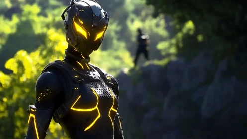 Neon-clad cyber sentinel stalking sunlight-drenched forest paths.