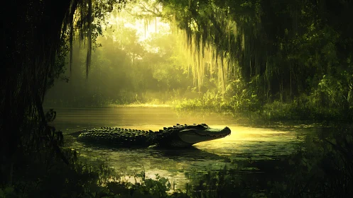 Solitary alligator resting in sunlit swamp clearing.