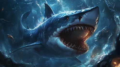 Dynamic digital painting of predatory shark in abyssal surge.