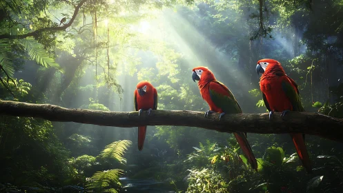 Scarlet macaws on sunlit jungle branch in vivid detail.