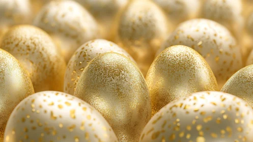 Golden speckled eggs glowing in a cozy festive cluster.