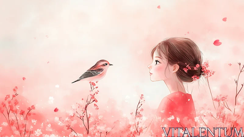 Gentle girl and songbird sharing a soft pink daydream.