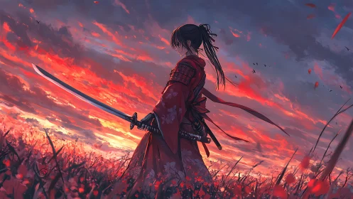 Samurai swordswoman in crimson kimono against burning sunset sky