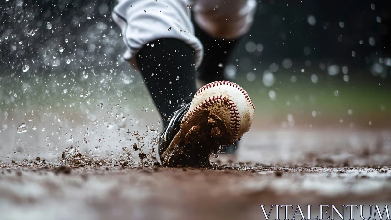 Rain-soaked baseball skids through mud in frozen-impact glory.