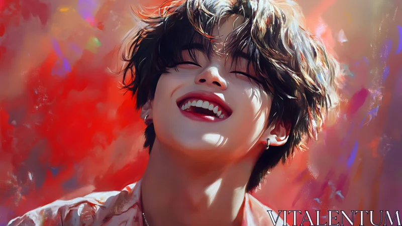 Smiling youth bathed in vivid red light radiates joy