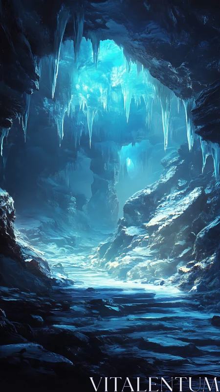 Luminescent subglacial cavern with crystalline icicle vault