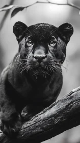 Black Panther Portrait Study: Piercing Gaze on Weathered Branch