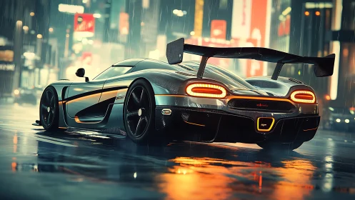 Hypercar rear profile in neon rain-soaked urban streetscape.