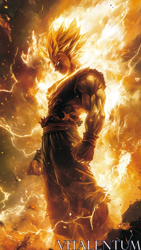 Supercharged golden warrior engulfed in dynamic plasma aura