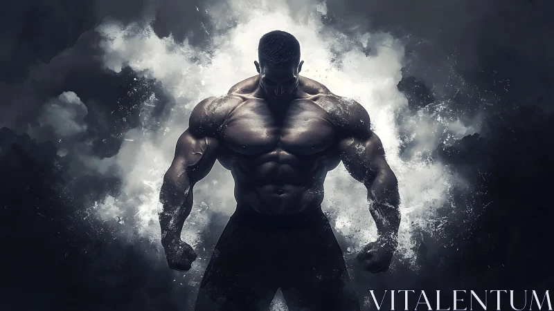 Stormforged bodybuilder emerging from shadowed thunderclouds.