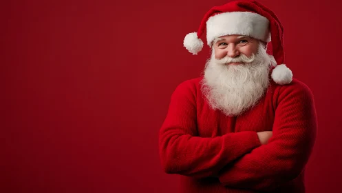 Man in Santa outfit stands smiling against red background