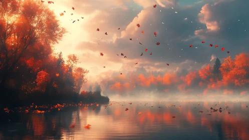 Digital autumn landscape shows misty lake with falling leaves