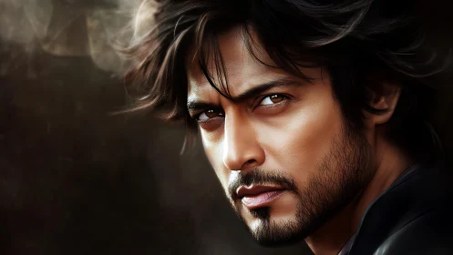 Brooding digital portrait captures intense male gaze in shadow