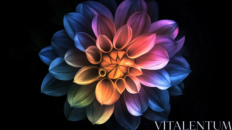 Chromatic Bloom: Digital Dahlia Drenched in Rainbow Fire.