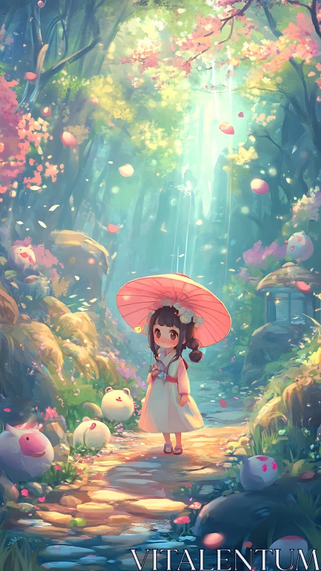 Umbrella-toting girl strolls through a pastel forest dreamway