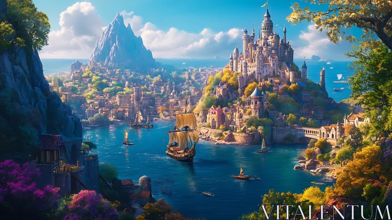 Fantasy coastal city with central castle overlooks busy harbor