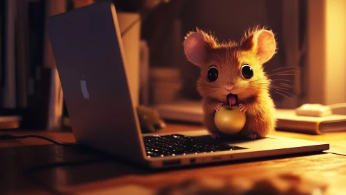 Warm desk scene shows stylized 3D mouse beside open laptop computer