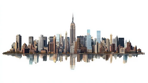 Manhattan skyline panorama with mirrored waterfront reflection.