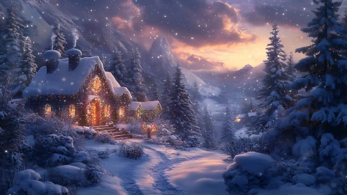 Cozy winter cottage glowing under a soft mountain sunset.