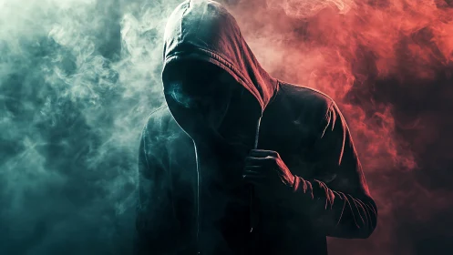 Hooded silhouette in cinematic red teal atmospheric smoke.