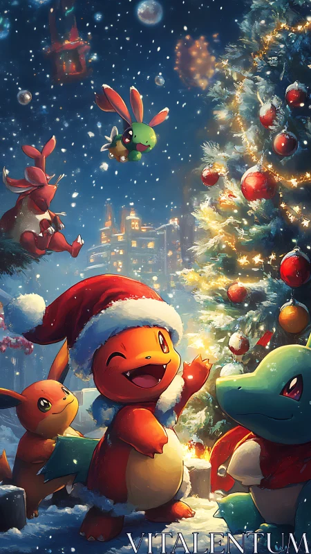 Christmas scene shows festive Pokémon around lit tree outdoors