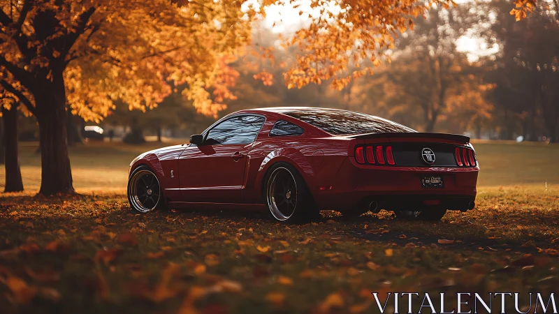 Red sports coupe parked in autumn park landscape.