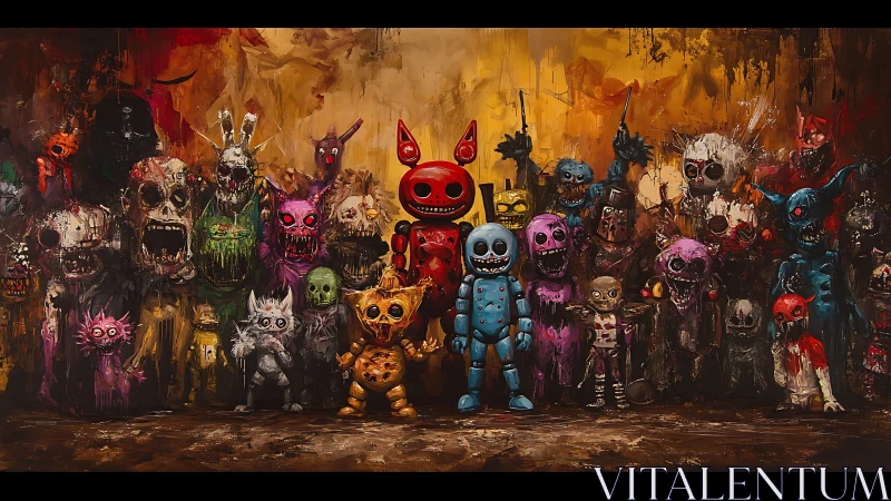 Grotesque animatronic monster lineup in grungy abstract hall